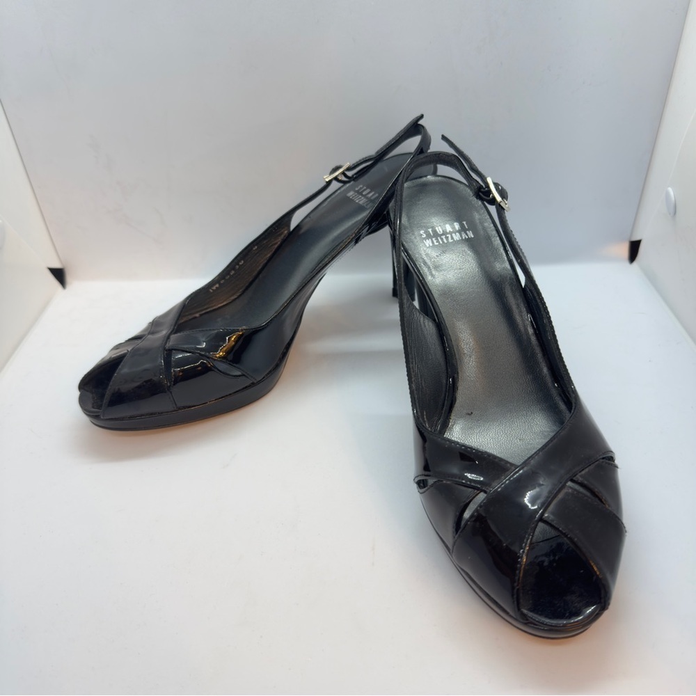 Stuwart Weitzman Slingback Peeptoe Black Patent Leather Heels Size 8M